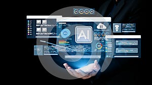 Hands Presenting Futuristic Artificial Intelligence Interface with Data Visualization and Technology Graphics in Dark