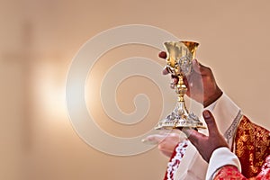 Hands of the priest raise the blood of Christ