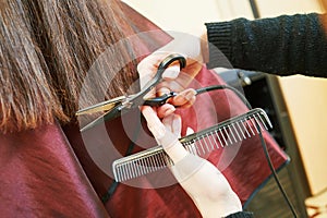 Hands of professional hair stylist with scissors and comb