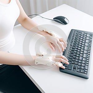 Hands of programmer with disability using prosthetic arm to work .