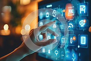Hands programming or setting up smart home automation. Smart control panel display