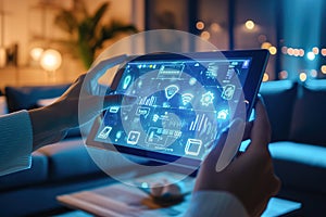 Hands programming or setting up smart home automation. Smart control panel display