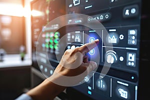 Hands programming or setting up smart home automation. Smart control panel display