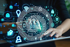 Hands programming or setting up smart home automation. Smart control panel display