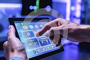 Hands programming or setting up smart home automation. Smart control panel display