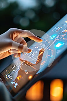 Hands programming or setting up smart home automation. Smart control panel display