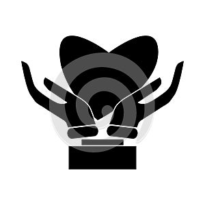 Hands protect heart icon, black simple style