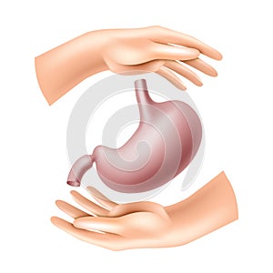 Hands protect the human stomach. Concept of Health care