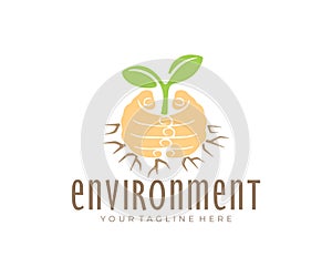 Hands protect the sprout from drought, nature and plant, logo design