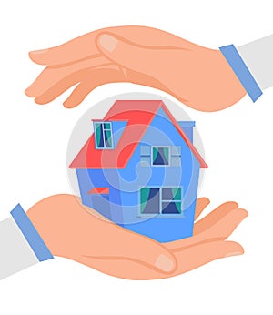 Hands Protecting Cottage Flat Vector Illustration