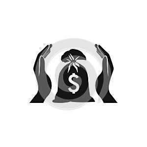 Hands protecting dollar money bag icon