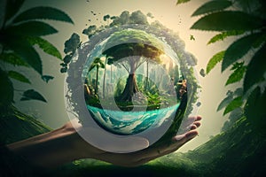 Hands protecting globe of green tree on tropical nature summer background, Ecology and Environment concept, Ai Generative