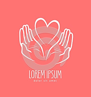 Hands protecting heart. Charity, donation vector logo or symbol