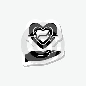 Hands protecting heart health sticker isolated on gray background