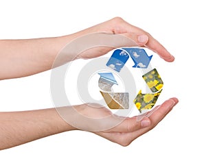 Hands protecting the recycling symbol photo