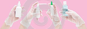 Hands in protective gloves and lots of antiseptics and sprays on a pink background. Concept of protection against viruses in the