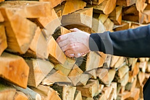 .hands pulling a log from a woodshed. Heating season.Heating season.Prices for firewood and heating.Firewood and mens