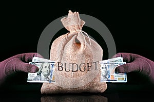 Hands pulls money, dollars out of the bag. Stealing money for budget.