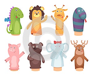 Hands puppets. Toys from socks for kids funny children games vector characters isolated