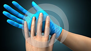 Hands putting on gloves over a creative blue background.3d illustration