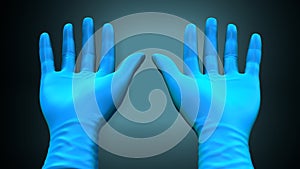 Hands putting on gloves over a creative blue background.3d illustration