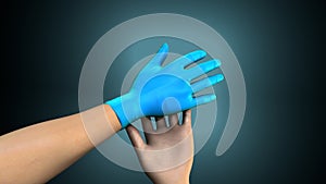 Hands putting on gloves over a creative blue background.3d illustration