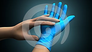 Hands putting on gloves over a creative blue background.3d illustration