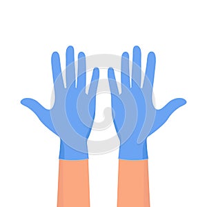 Hands putting on protective blue gloves. Hands in sterile blue gloves.