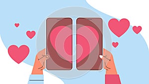 Hands putting together parts of heart in smartphone screens couple in love using dating mobile app