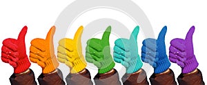 Hands in rainbow gloves show gesture ok on white