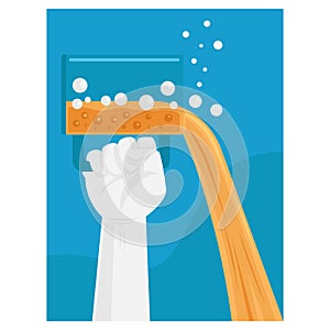 Hands raise a glass of beer and pour it vector illustration. international beer day