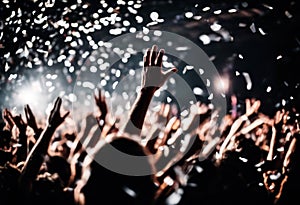 hands raised confetti happy music show light Frontman stage White stage Crowd people night party black fun background dj