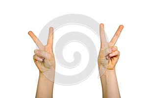 Hands raised with peace sign