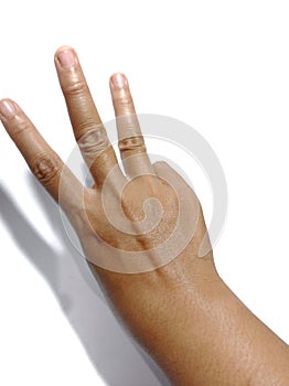 hands raised three finger in white background