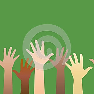 Hands raised up. Concept of volunteerism, multi-ethnicity, equal