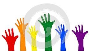 Hands raised up in rainbow oil paint brush style watercolor,LGBT Pride month watercolor texture concept. vector