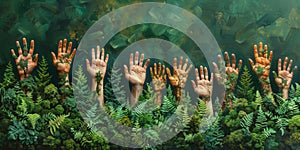 Hands raising from plants and trees, green deal, protect nature and planet earth, sustainable lifestyle, ecology and environment,