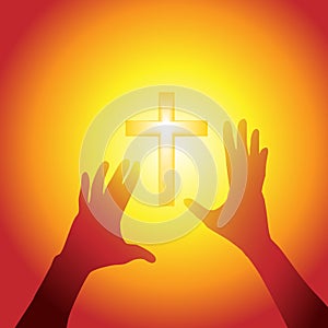 Hands reach out to cross in bright light