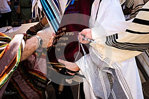 Hands reach out to touch a Torah scroll