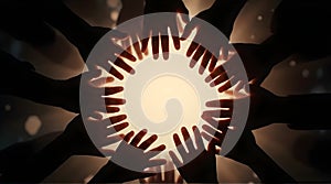 Hands Reaching for Light Conceptual Image of Unity and Togetherness