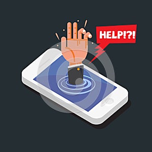 Hands reaching out of smartphone with help bubble. smartphone ad