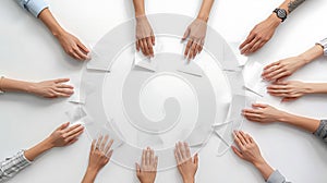 Hands Reaching for Paper on White Surface