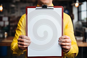 Hands on readiness Detailed close up of hand holding clipboard mock up exemplifies preparation photo