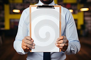 Hands on readiness Detailed close up of hand holding clipboard mock up exemplifies preparation photo