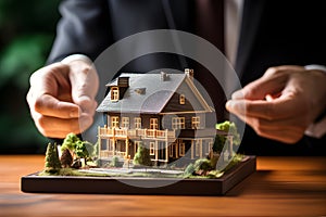 The hands of Real estate agents are delivering model homes from the housing project as gifts to customers. AI Generated