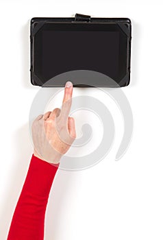 Hands in red jacket and black tablet