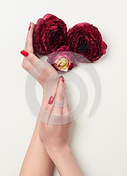Hands with red manicure and red flowers