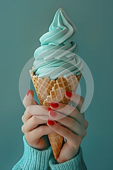 Hands with red nail polish holding ice cream of mint flavor