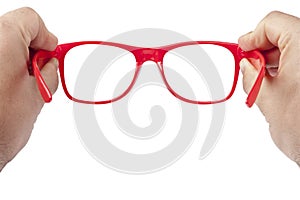 Hands Red Spectacles Focusing Isolated photo