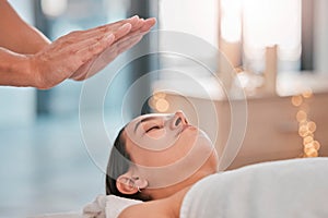 Hands, relax woman or reiki spa for headache pain relief, depression healing or stress management in healthcare wellness